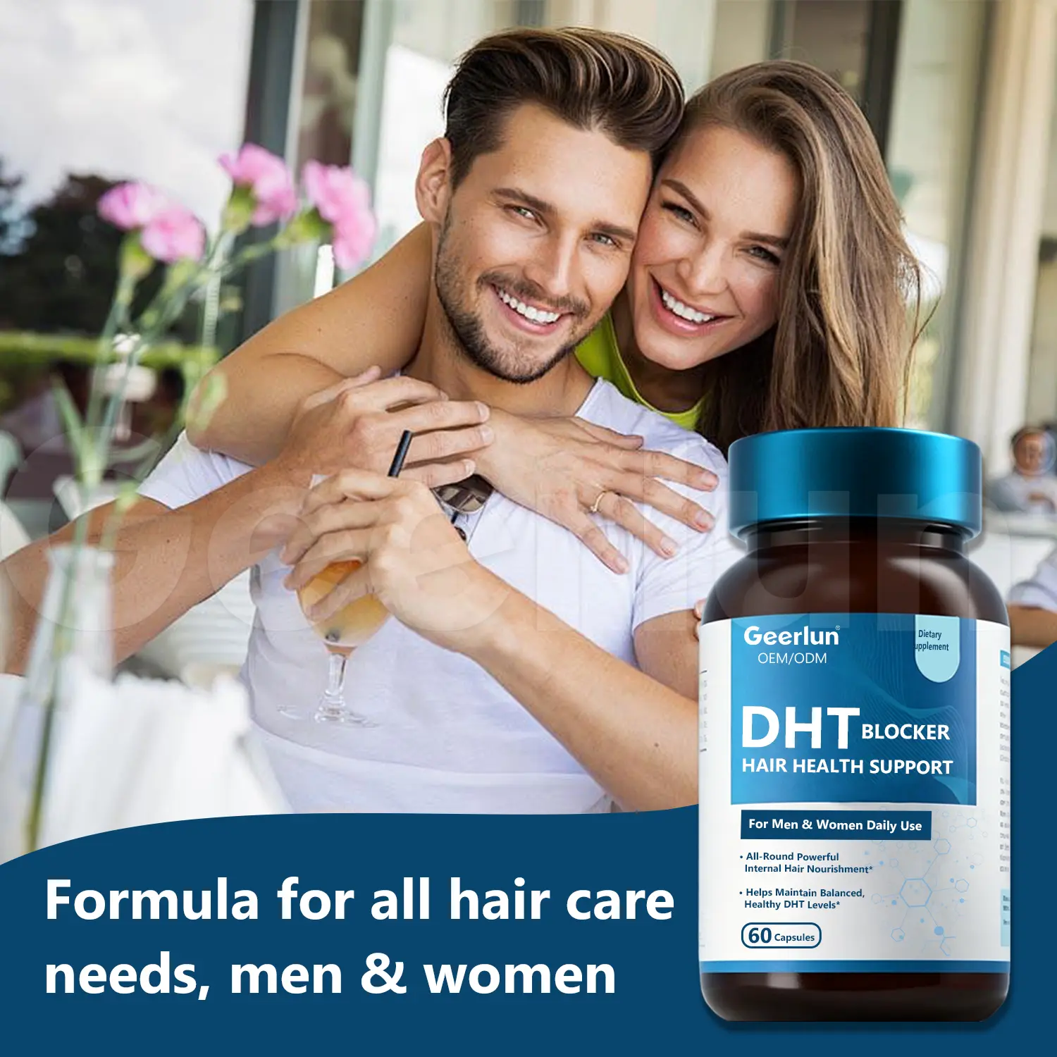 Happy couple with healthy hair spending time together, Geerlun DHT blocker hair health capsules bottle, all-round powerful internal hair nourishment for men and women daily use..png