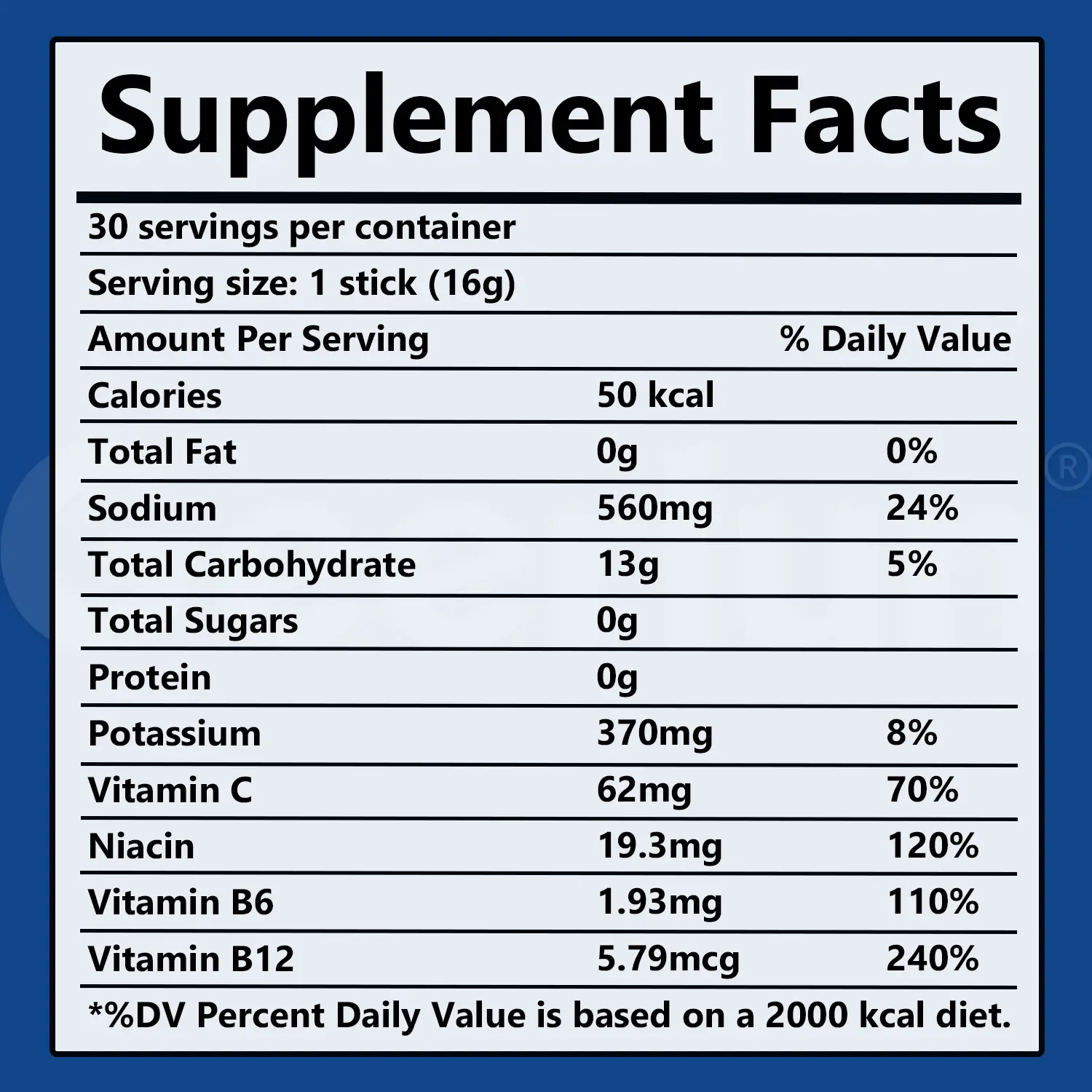 Supplement Facts for hydration multiplier electrolyte powder sticks, serving size 1 stick 16g, 30 servings, 50 calories, 0g sugar, 560mg sodium, 370mg potassium, Vitamin C B3 B6 B12..png