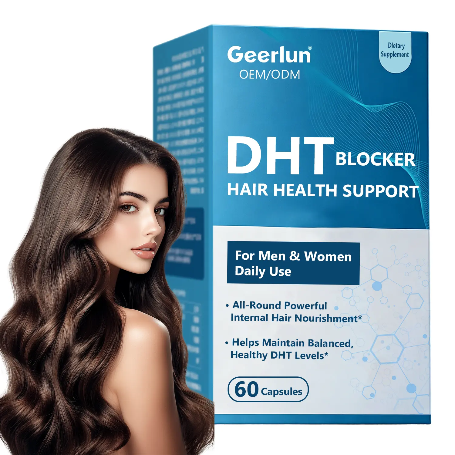 Happy couple embracing in lifestyle setting, Geerlun DHT blocker hair health support capsules beside them, formula for all hair care needs men and women, helps maintain balanced healthy DHT levels..png