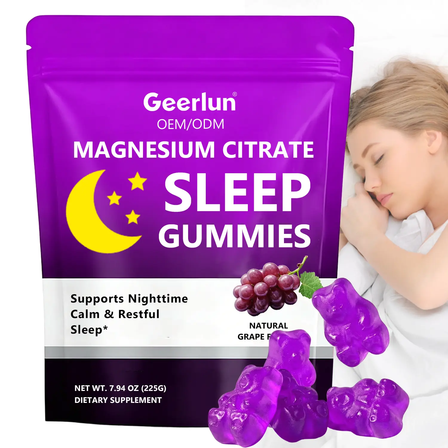 Woman sleeping peacefully beside Geerlun magnesium citrate sleep gummies pouch, purple bear-shaped gummies in foreground, melatonin-free sleep support, natural grape flavor dietary supplement..png