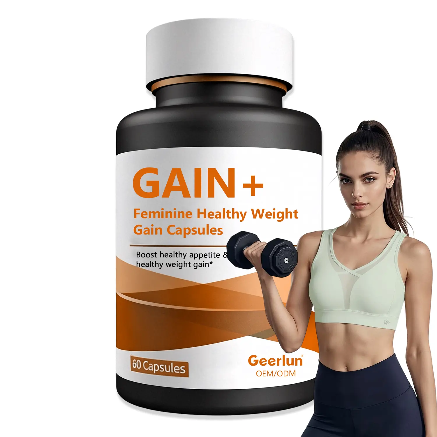 Fitness model with toned abs in gray sports bra beside GAIN+ feminine healthy weight gain capsules.png