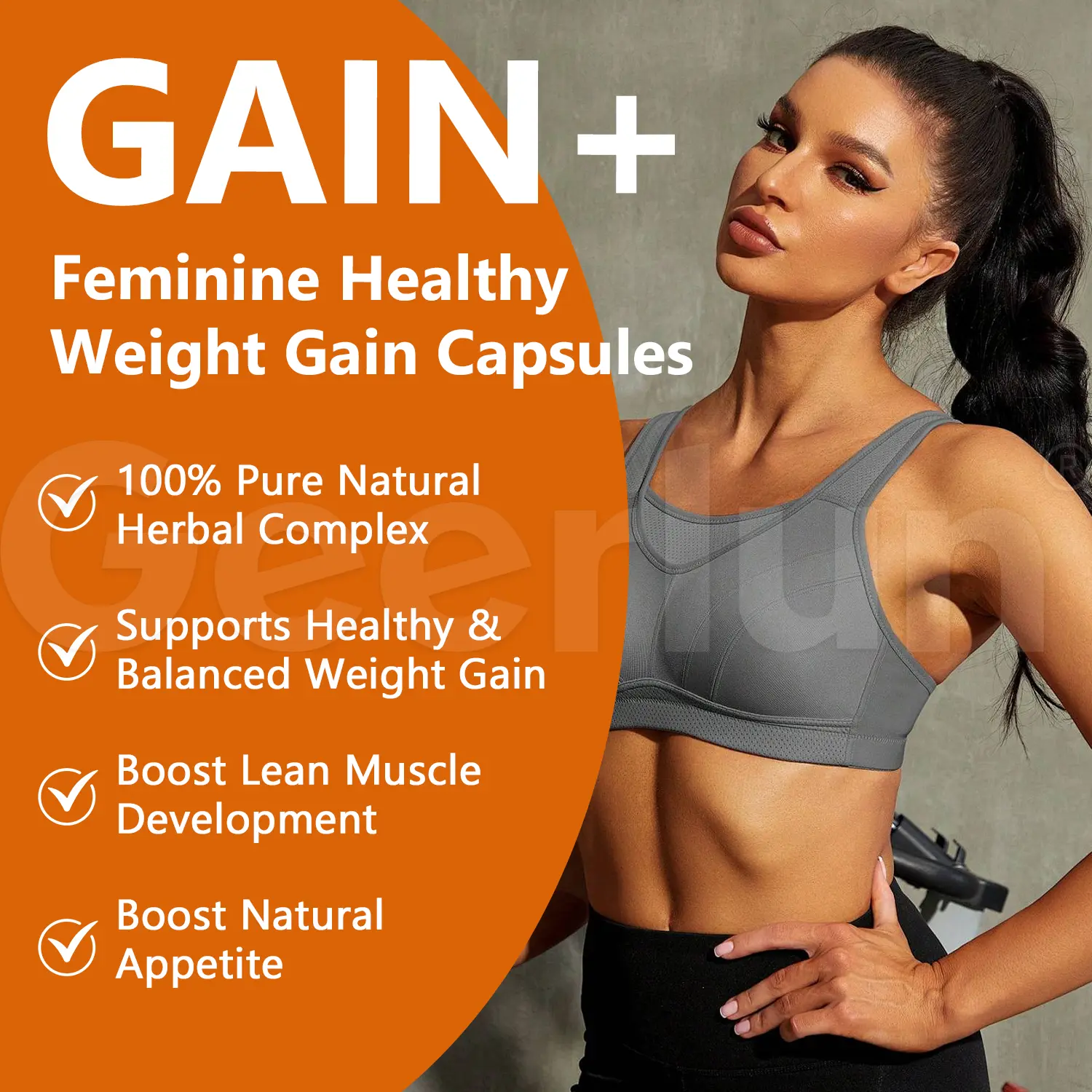 Athletic woman in gym with GAIN+ feminine healthy weight gain capsules.png