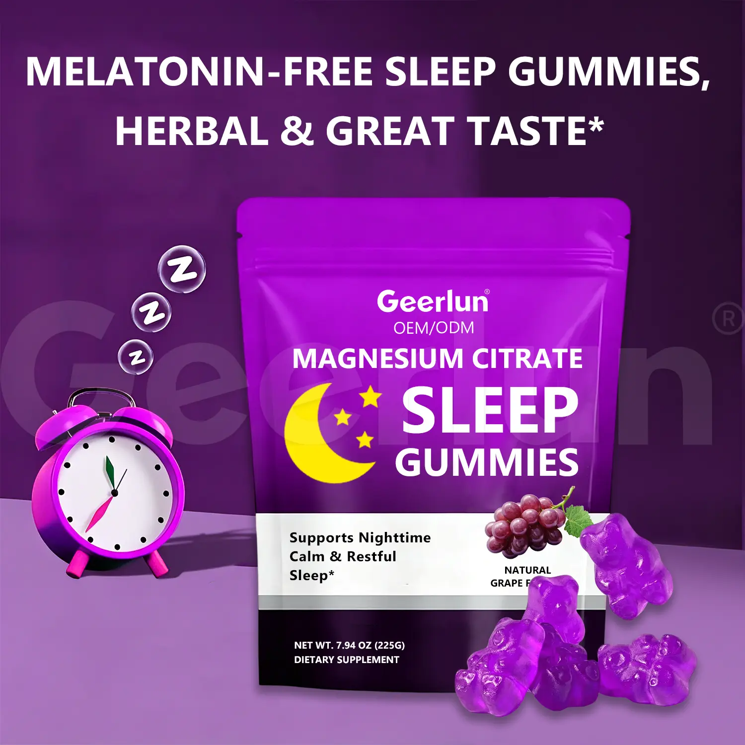 Melatonin-free sleep gummies marketing image, Geerlun magnesium citrate purple pouch with alarm clock and Zzz bubbles, floating purple gummy bears, great taste herbal formula..png