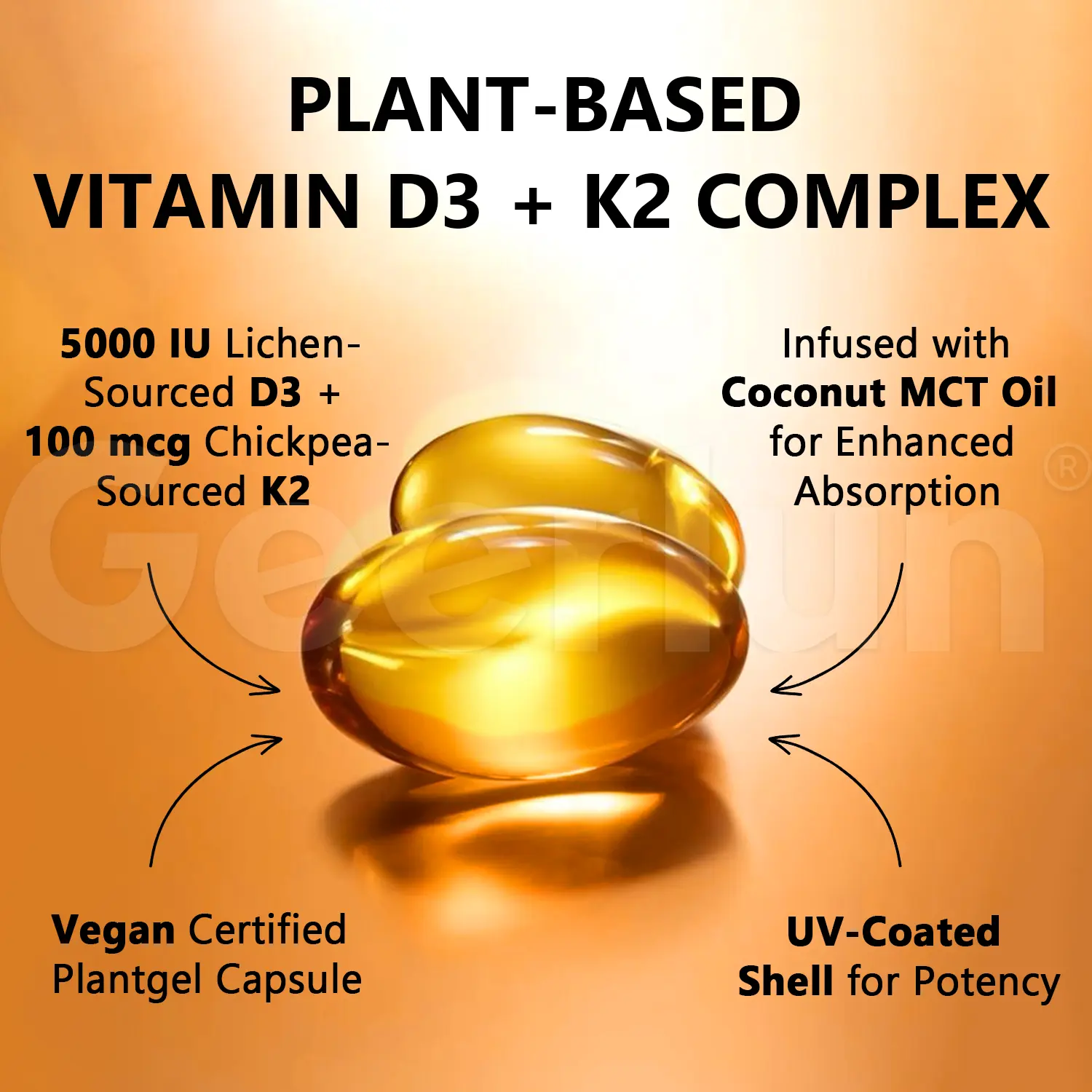 Close-up of two golden plantgel softgels, 5000IU lichen-sourced D3 plus 100mcg chickpea-sourced K2 MK-7, coconut MCT oil, UV-coated vegan capsules..png