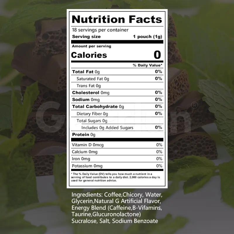 Nutrition facts coffee pouches zero calorie zero sugar energy blend caffeine B-vitamins taurine mint chocolate.jpg