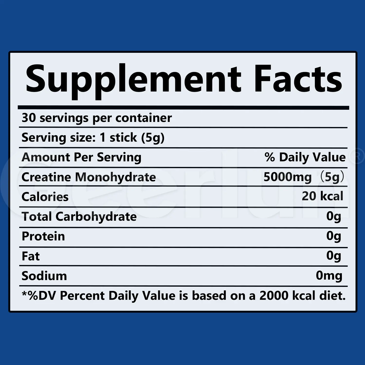 Supplement Facts for creatine monohydrate powder sticks, serving size 1 stick 5g, 30 servings, 5000mg creatine monohydrate, 20 calories, 0g carbohydrate, 0g sugar, pure formula..png