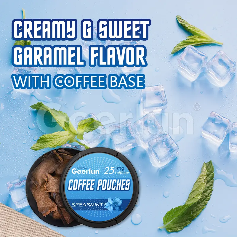 Coffee pouches creamy sweet caramel flavor with coffee base spearmint ice cubes mint leaves refreshing.jpg