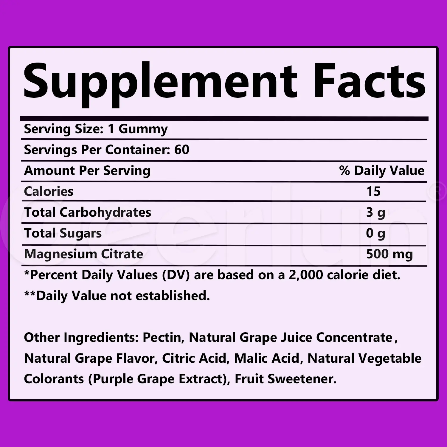 Supplement Facts for magnesium citrate sleep gummies, serving size 1 gummy, 60 servings, 500mg magnesium citrate, 0g sugar, pectin natural grape flavor vegetable colorants fruit sweetener..png