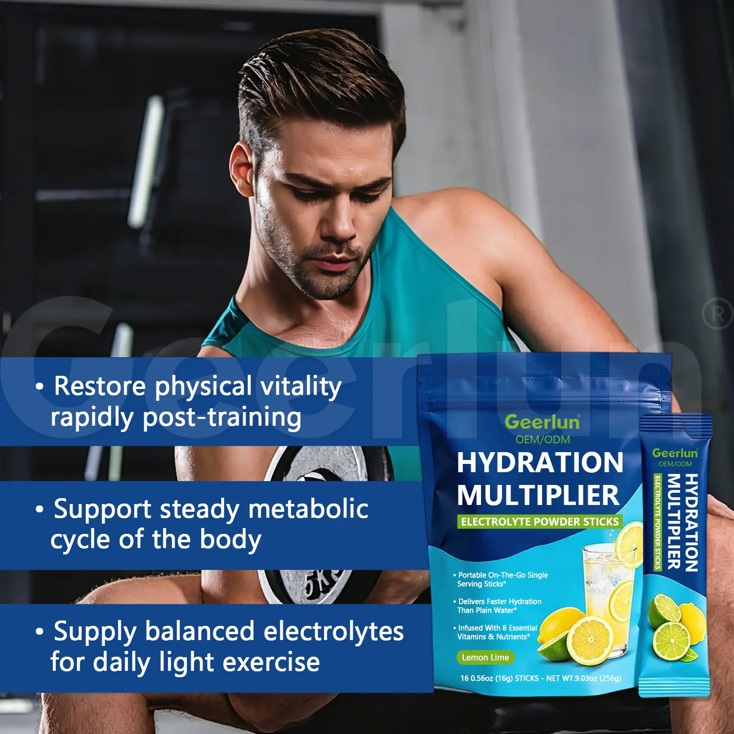 Woman drinking glass of water with Geerlun hydration multiplier electrolyte powder sticks, lemon lime flavor, single serve 16 sticks, 8 essential vitamins, faster hydration than plain water..png