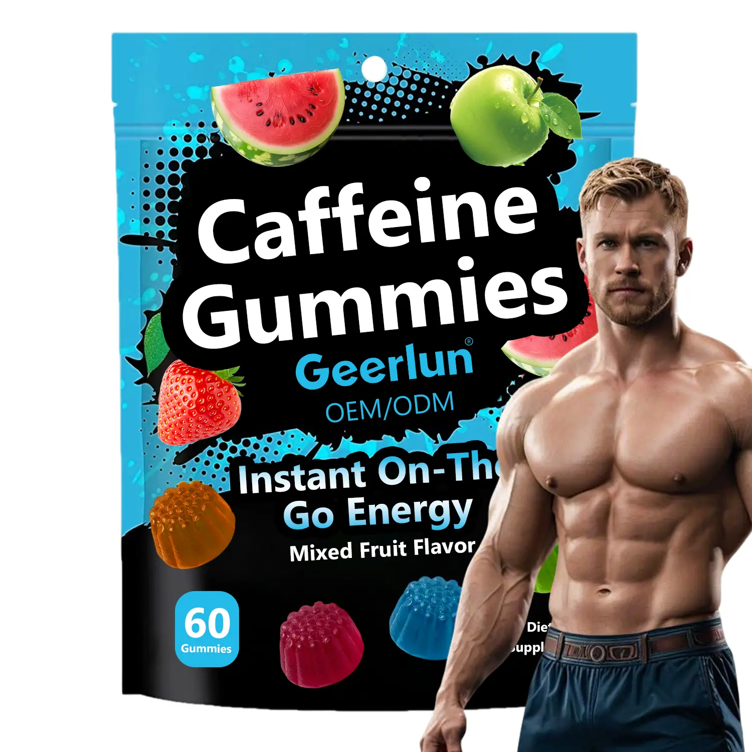 Muscular male fitness model beside Geerlun caffeine gummies pouch, 60 gummies mixed fruit flavor, energy supplement for workout and daily focus..png