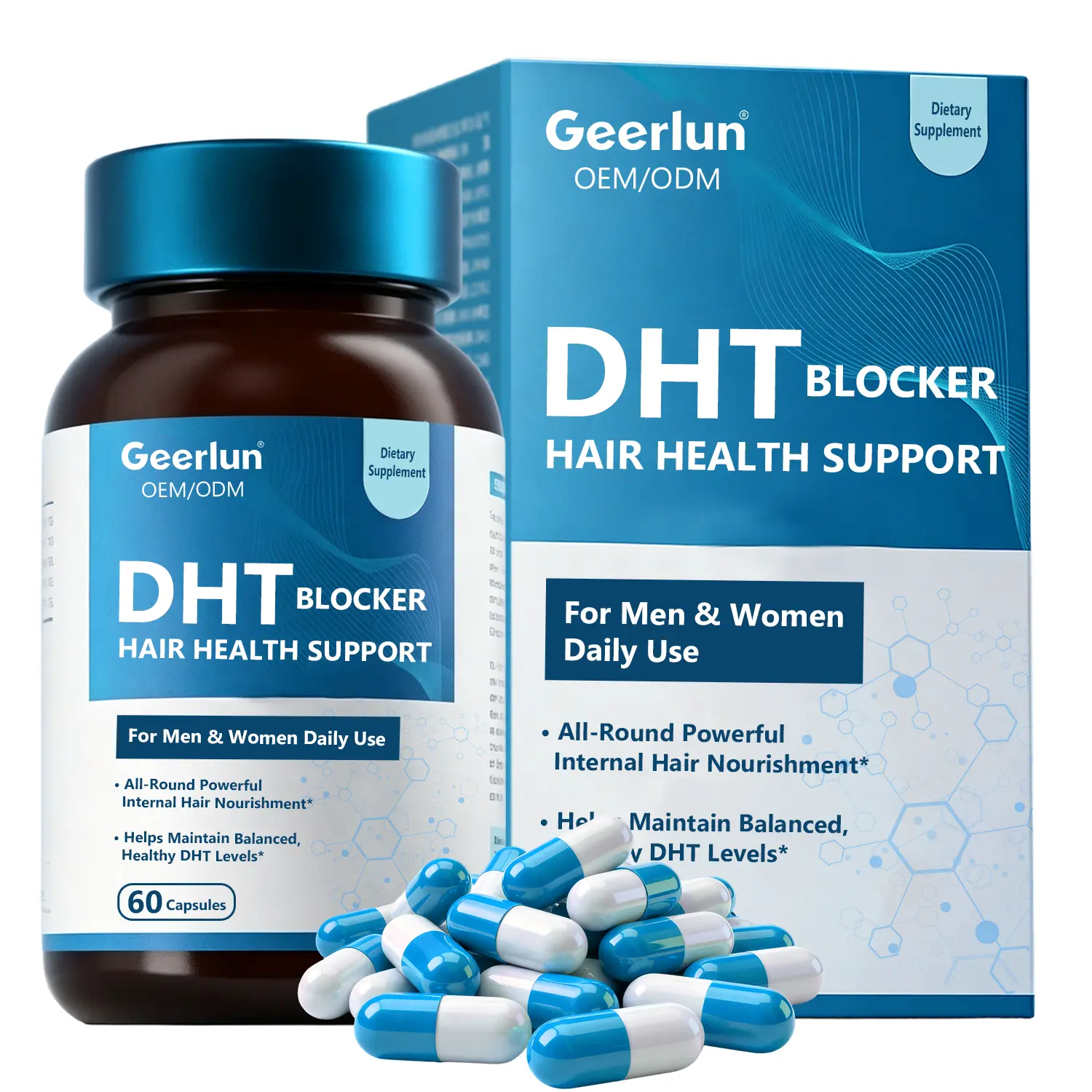 Geerlun OEM DHT blocker hair health support capsules 60 capsules brown bottle, blue and white capsules, specially blended to maintain healthy hair and boost hair growth, fortified with iron biotin and zinc..png