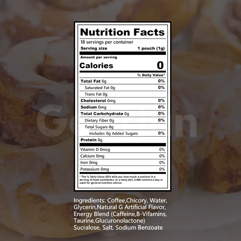 Nutrition facts coffee pouches zero calorie zero sugar ingredients coffee chicory caffeine B vitamins taurine OEM.jpg
