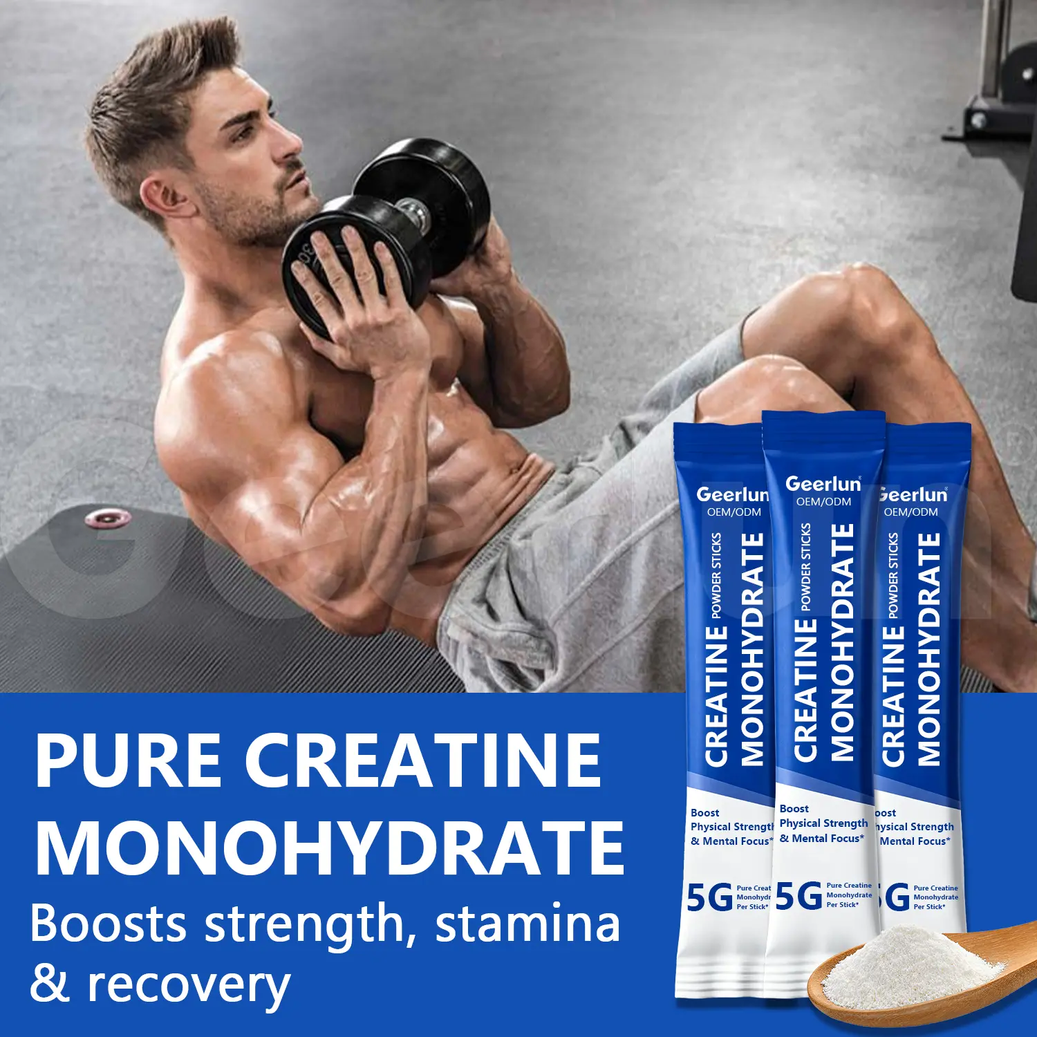 Young male athlete holding creatine monohydrate powder stick packet, Geerlun OEM sports supplement, 5g pure creatine monohydrate per stick, boosts strength stamina and recovery..png