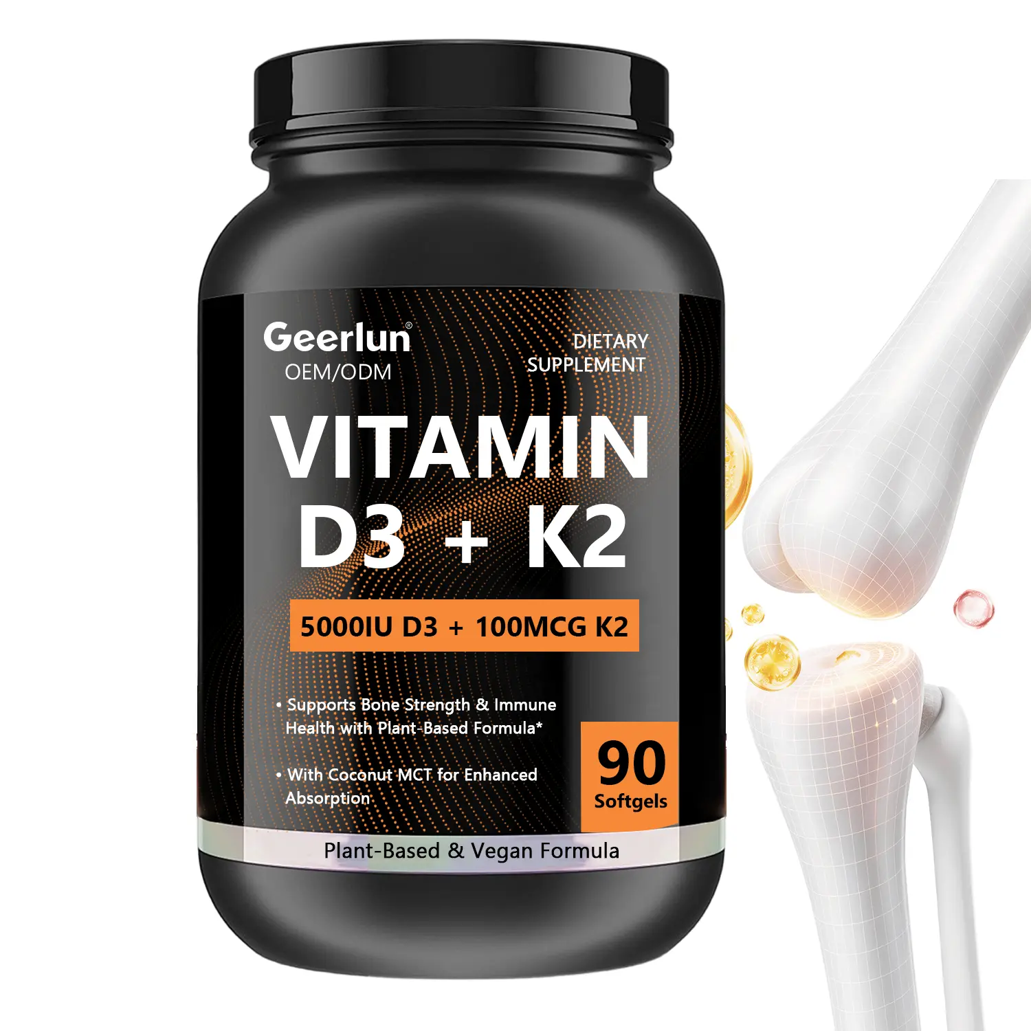 3D knee joint anatomy with floating golden softgels, Geerlun vitamin D3 K2 supplement for bone density, OEM contract manufacturing plant-based formula..png