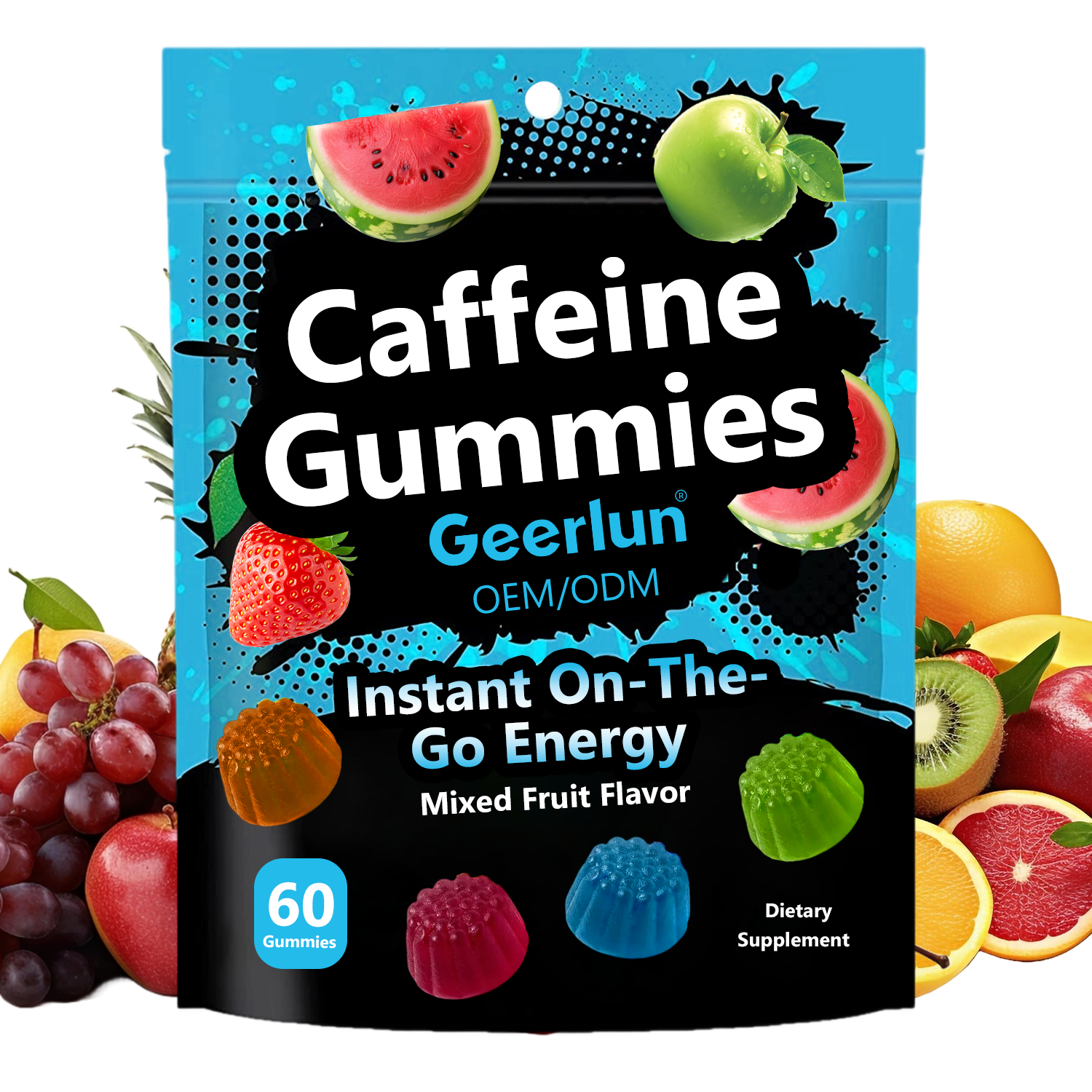 Caffeine gummies pouch surrounded by fresh watermelon apple and strawberry, Geerlun OEM private label 60 gummies, mixed fruit flavor energy supplement..png
