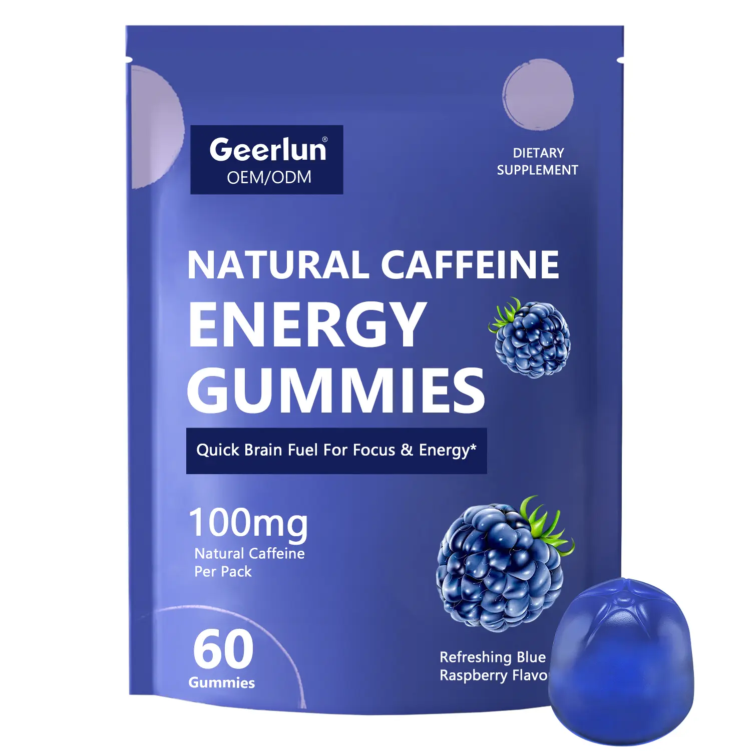 Geerlun OEM nootropic caffeine energy gummies blue pouch, 100mg natural caffeine per pack, 60 gummies, blue raspberry flavor, brain fuel for focus and energy dietary supplement..png