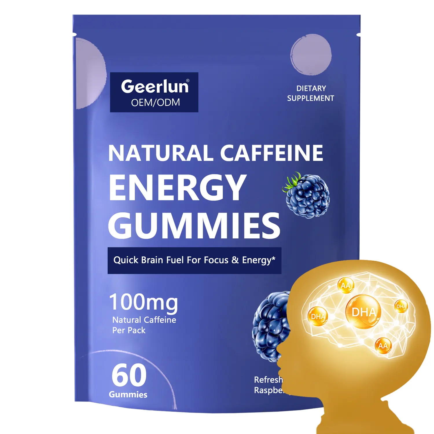 Geerlun nootropic energy gummies pouch front view with glowing brain and DHA illustration, 100mg natural caffeine, private label brain supplement, OEMODM dietary supplement manufacturing..png