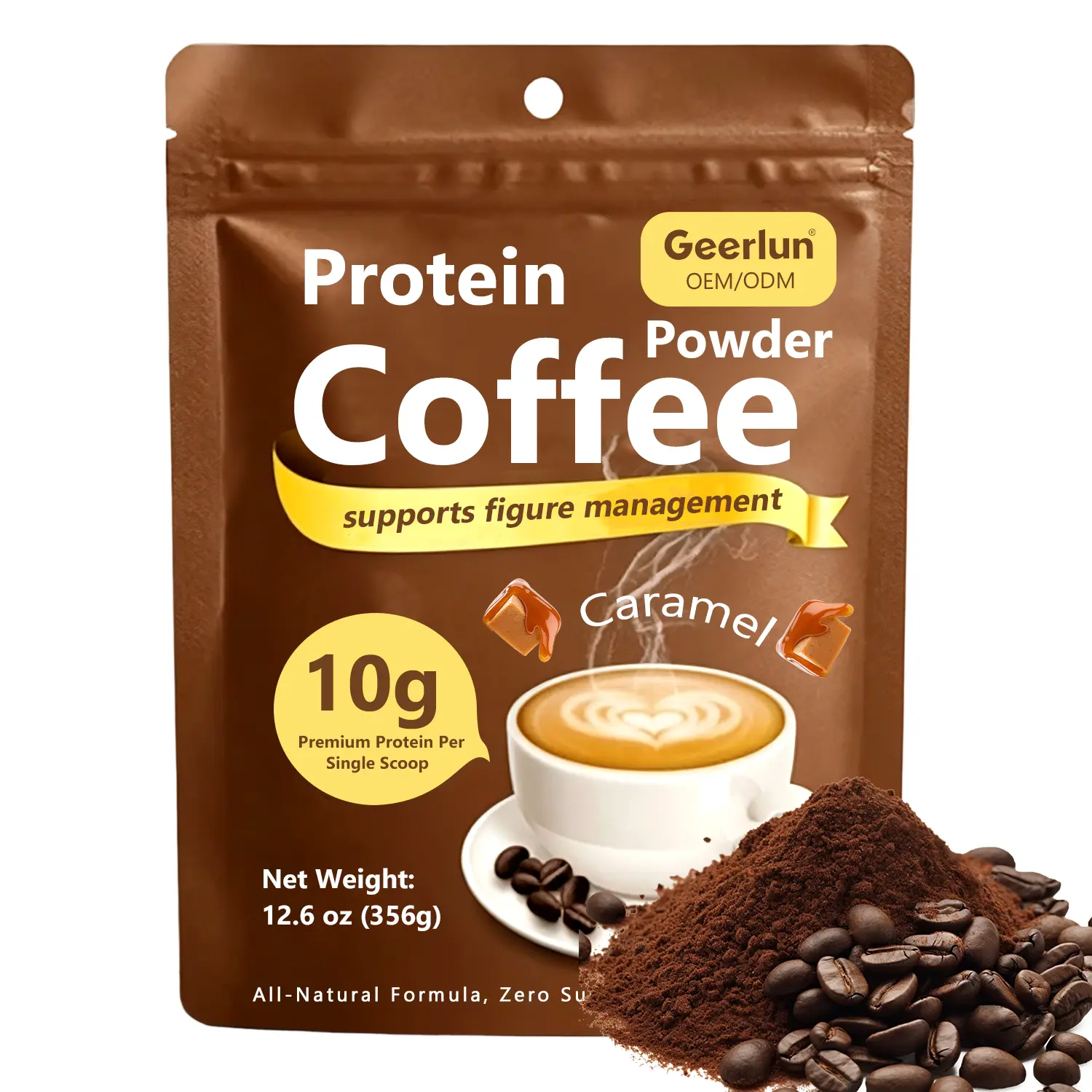 Geerlun OEM protein coffee powder caramel flavor resealable pouch, 10g premium protein per scoop, 356g zero sugar formula supports figure management for private label buyers..png