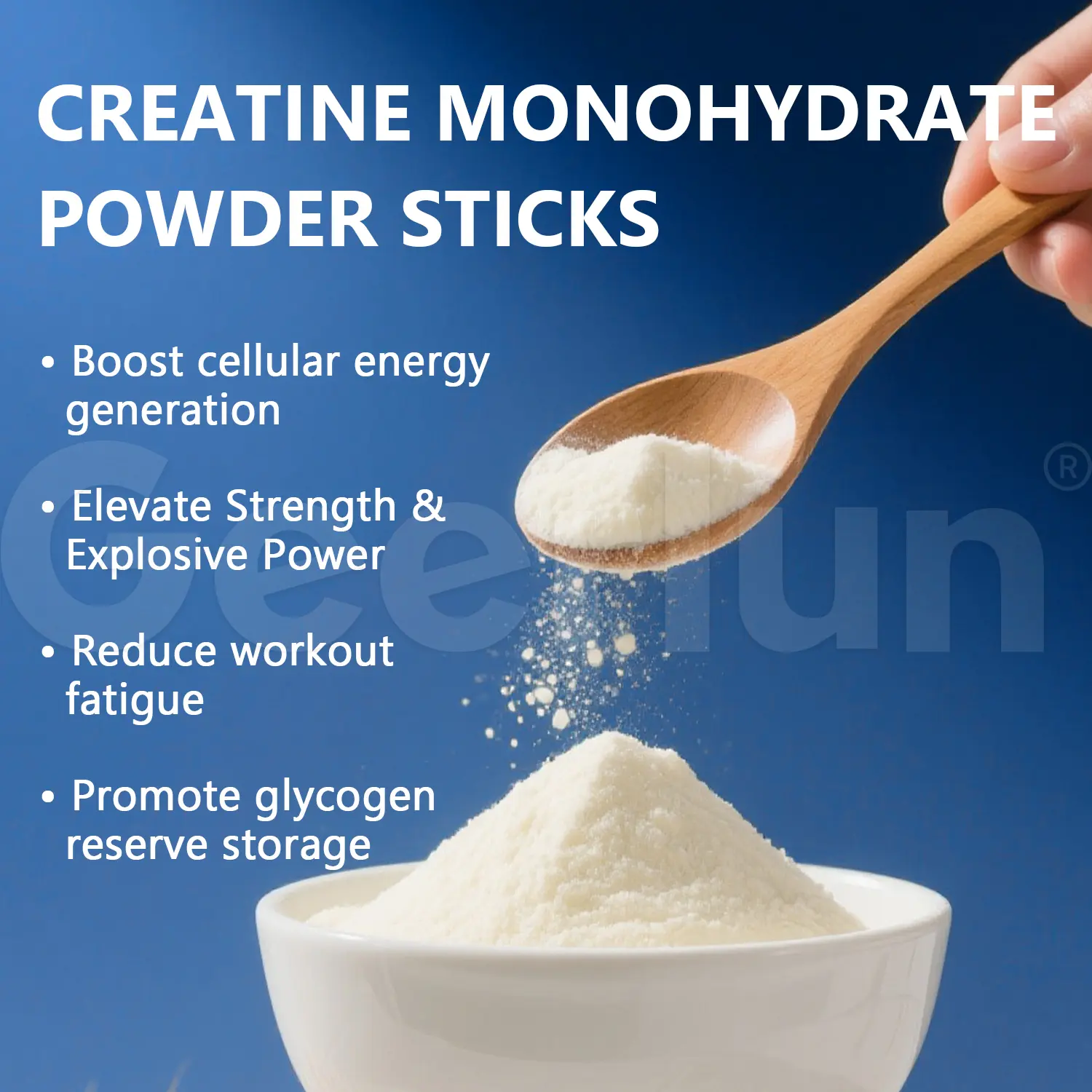 White ceramic bowl of creatine monohydrate powder with wooden spoon, wooden spoon pouring pure white creatine powder, Geerlun OEM creatine monohydrate powder sticks 5g supplement..png