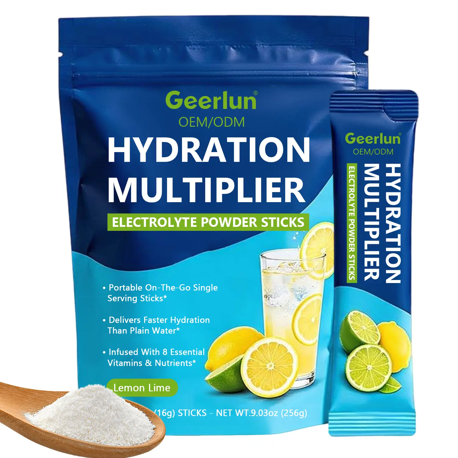 Geerlun OEM hydration multiplier electrolyte powder sticks 16 sticks lemon lime, quick dissolve in cold water, single serve stick portable on-the-go, delivers faster hydration than plain water, infused with 8 essential vit.png