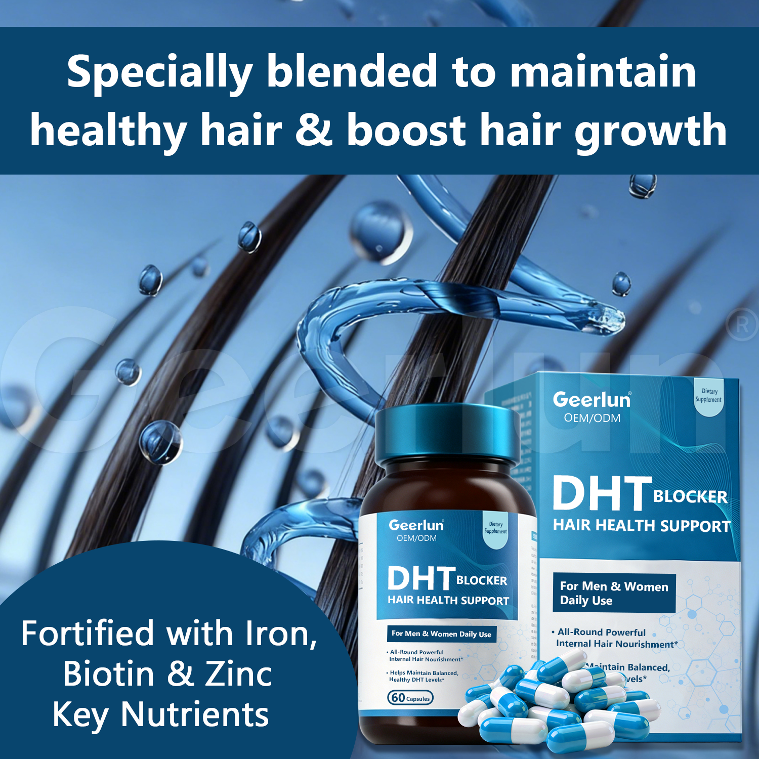 Close-up of blue and white capsules scattered near Geerlun DHT blocker bottle, saw palmetto biotin beta-sitosterol horsetail nettle Fo-Ti pygeum green tea, hair health support supplement