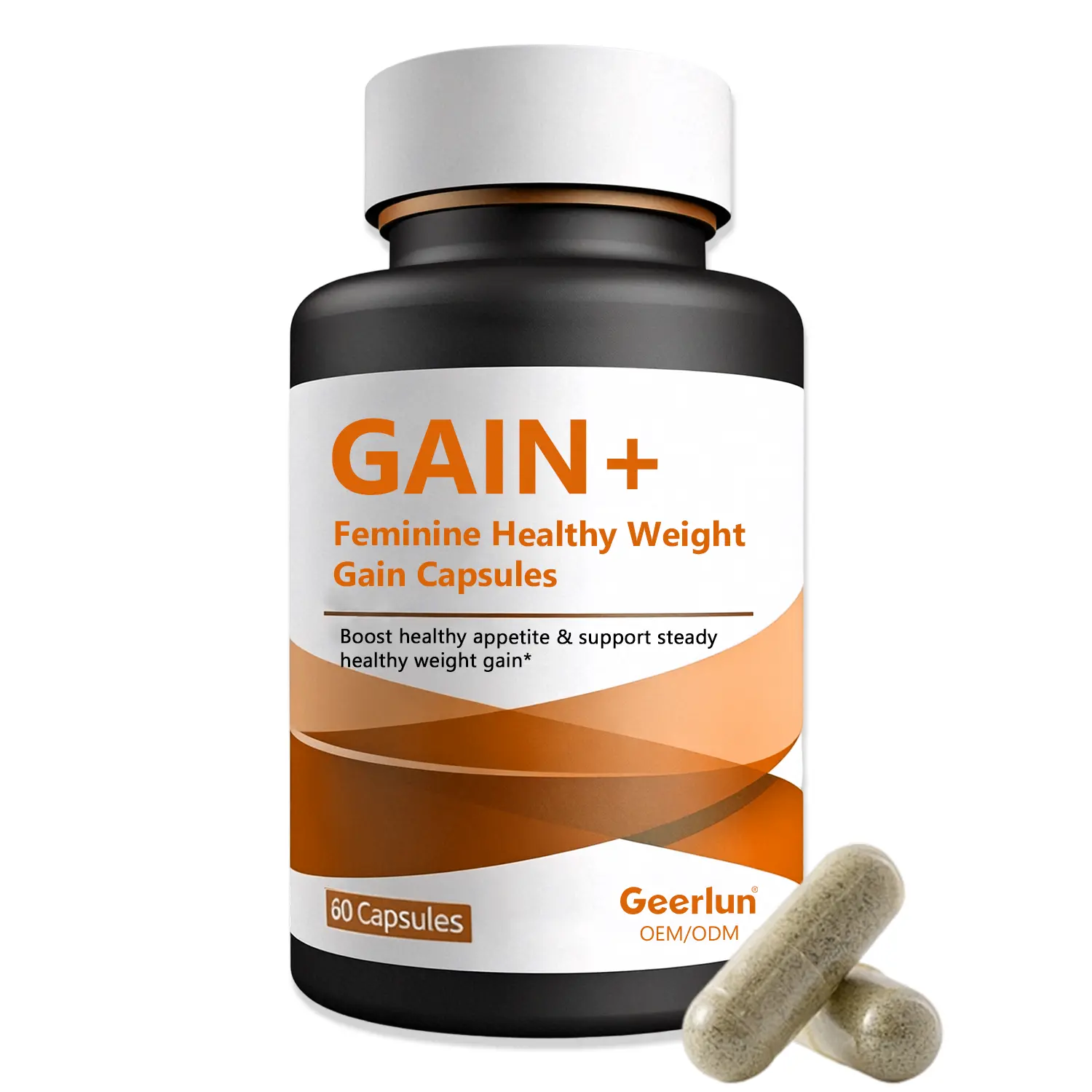 Geerlun OEM GAIN+ feminine healthy weight gain capsules black bottle with white cap.png