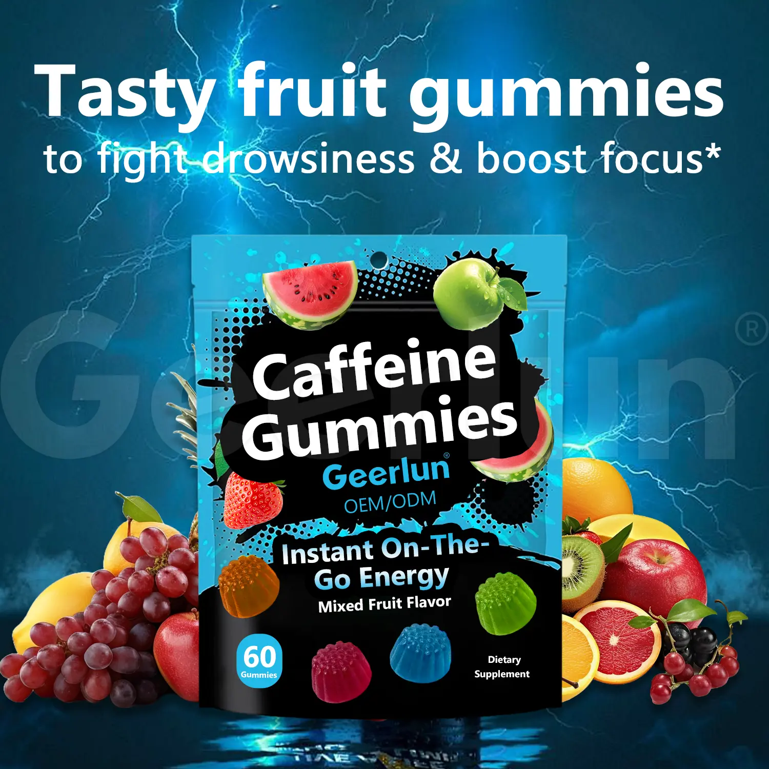 Tasty fruit caffeine gummies to fight drowsiness and boost focus, Geerlun OEM pouch with lightning effect, 60 gummies instant energy supplement..png